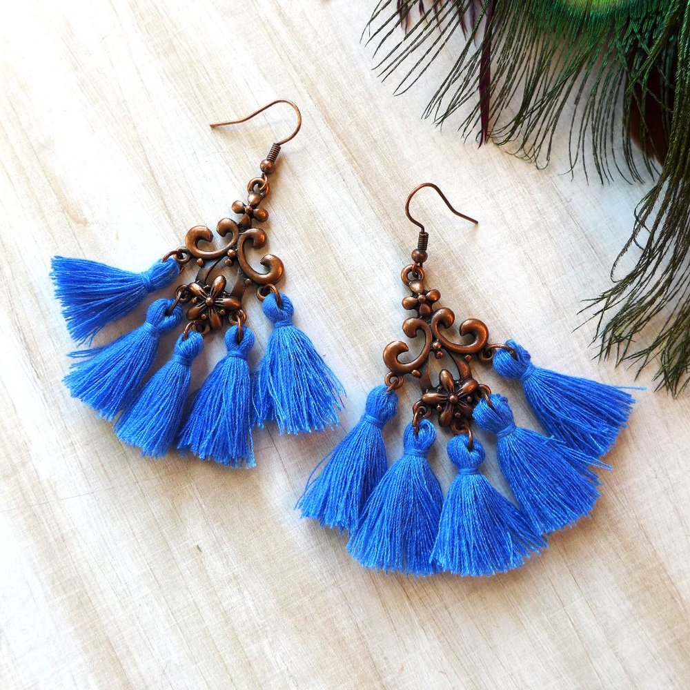 ⚜️NEW Blue Tassel Arabesque chandelier earrings